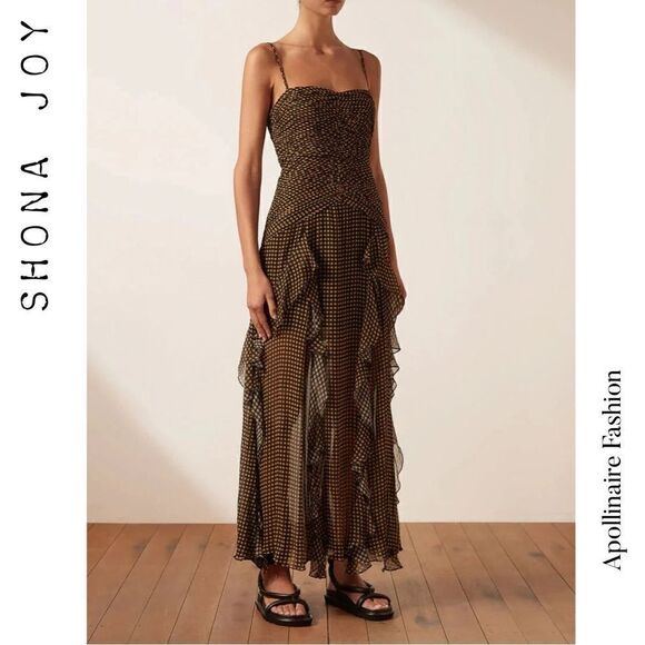 SHONA JOY SOFIA RUCHED SEMI SHEAR MAXI DRESS SIZE 12 IN BLACK SAND NWT - Picture 4 of 11